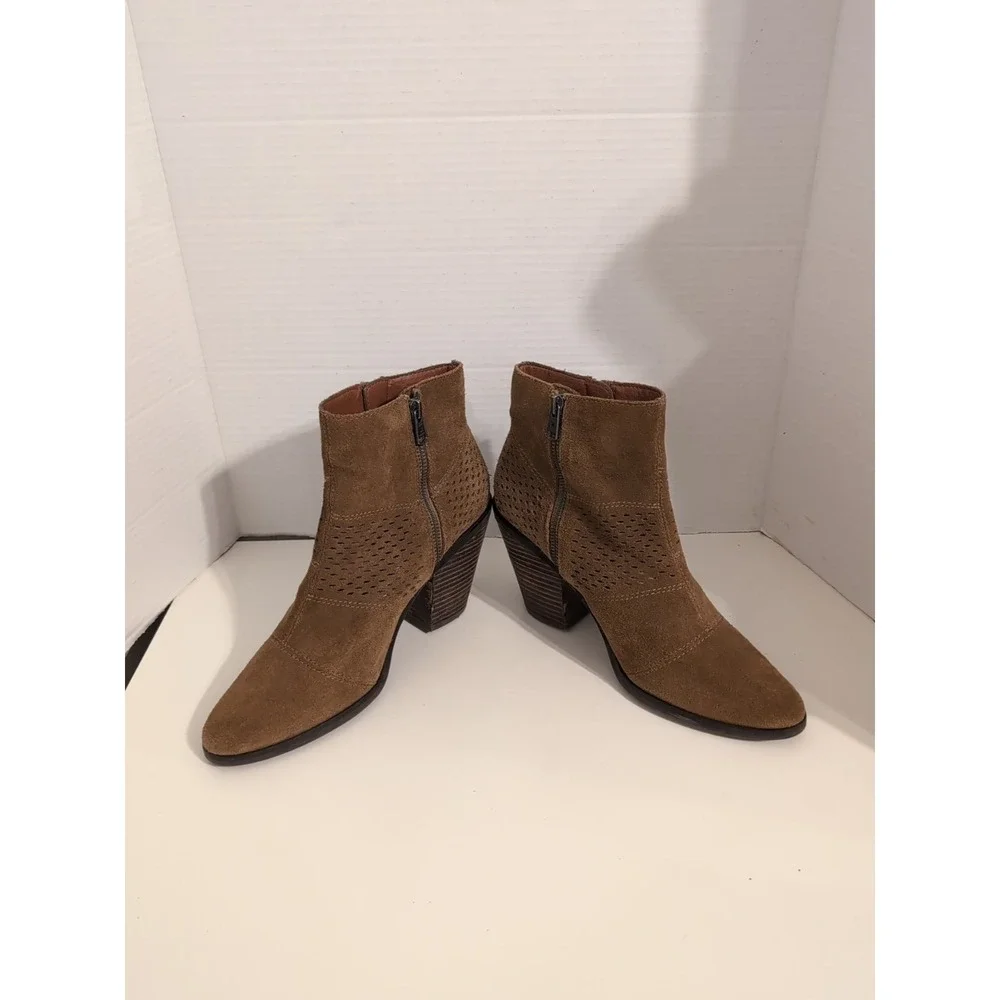 Lucky Brand Ramses Women's Brown Suede Ankle Boots Perforated Upper Dual Zippers